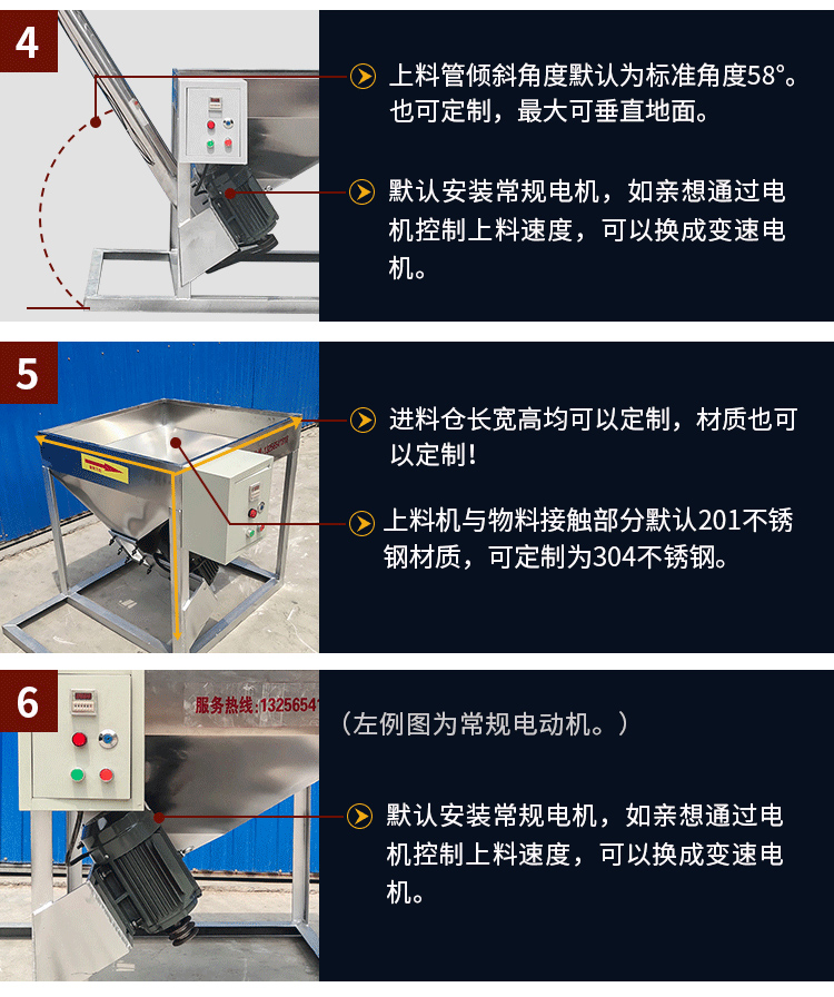 不鏽鋼螺（luó）旋輸送采用304/316L不鏽鋼材（cái）質，使用變電機，可滿足客戶的多樣化需求